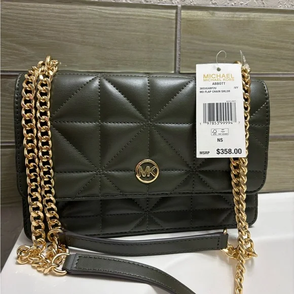 Michael Kors Dark Green Quilted Shoulder Bag with Gold Chain MSRP $358 - Picture 4 of 8